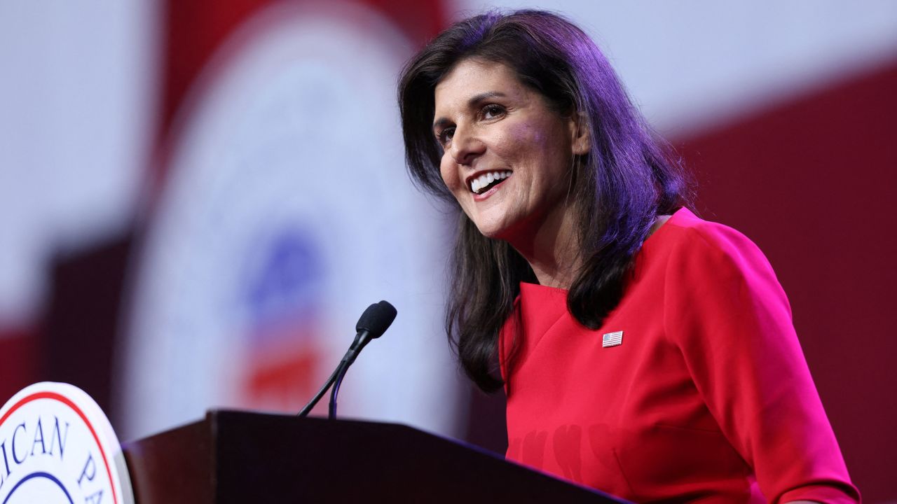 Former South Carolina Gov. Nikki Haley speaks at the Iowa GOP's Lincoln Dinner in Des Moines on July 28, 2023. 