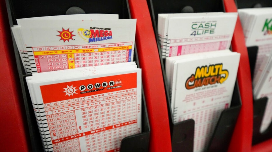 Play stubs are displayed at a lottery counter in Maryland