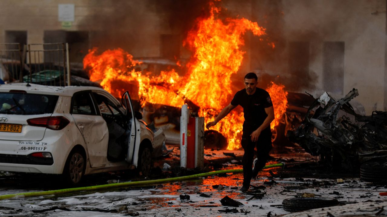 Fire burns in Ashkelon, Israel. after rockets were launched from the Gaza Strip on October 7, 2023. 