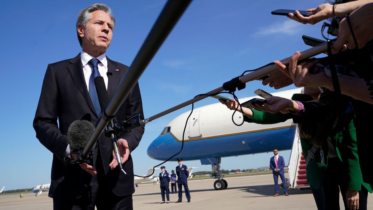 Secretary of State Antony Blinken speaks before boarding a plane, Wednesday Oct. 11, 2023, at Andrews Air Force Base, Md., en route to Israel.