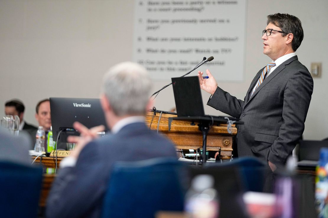 Sean Grimsley, attorney for the petitioners, cross examines a witness during a hearing for a lawsuit to keep former President Donald Trump off the state ballot, Wednesday, Nov. 1, 2023, in Denver. (AP Photo/Jack Dempsey, Pool)