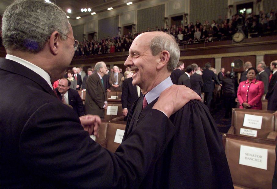 Breyer is greeted by US Secretary of State Colin Powell before President George W. Bush spoke in front of a joint session of Congress in February 2001.