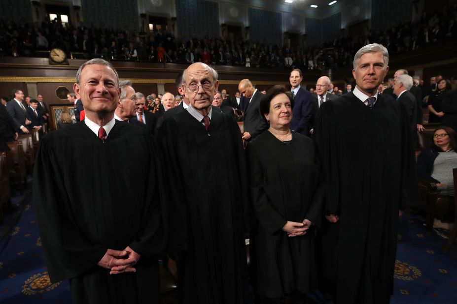 Breyer, second from left, attends the State of the Union address in January 2018. With Breyer, from left, are Chief Justice John Roberts and Justices Elena Kagan and Neil Gorsuch.