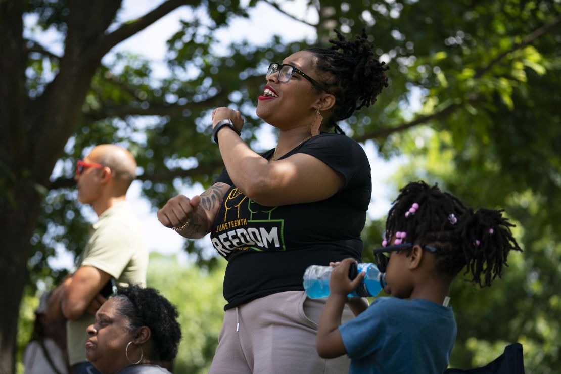 WASHINGTON, DC - JUNE 19: Festival attendees dance to Dupont Brass at the annual Juneteenth Freedom Celebration at the Anacostia Community Museum. (Photo by Allison Robbert/The Washington Post via Getty Images)