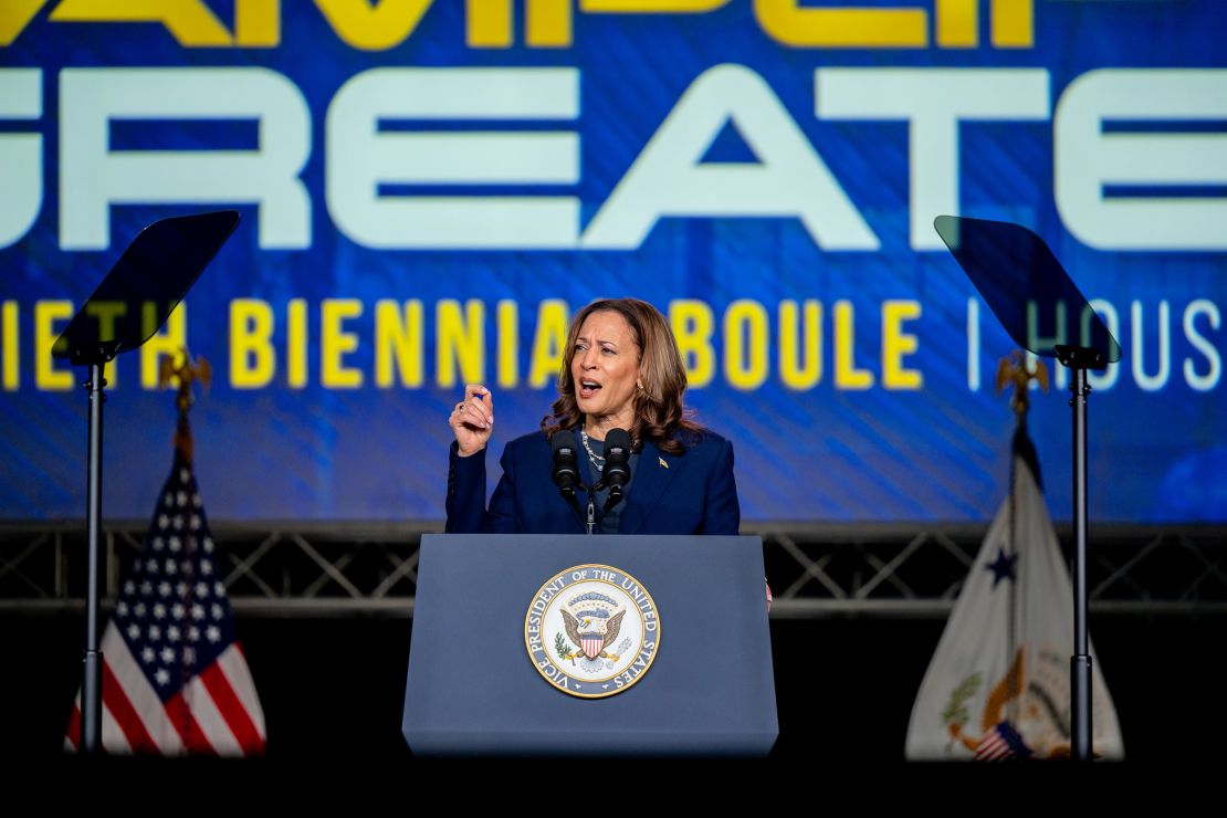 Vice President Kamala Harris speaks at a gathering of the Sigma Gamma Rho sorority in Houston on July 31, 2024.