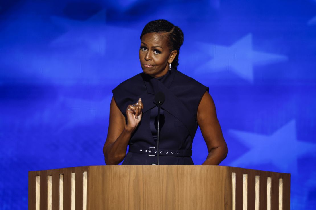 CHICAGO, ILLINOIS - AUGUST 20: Former first lady Michelle Obama speaks on stage during the second day of the Democratic National Convention at the United Center on August 20, 2024 in Chicago, Illinois. Delegates, politicians, and Democratic Party supporters are gathering in Chicago, as current Vice President Kamala Harris is named her party's presidential nominee. The DNC takes place from August 19-22. (Photo by Chip Somodevilla/Getty Images)